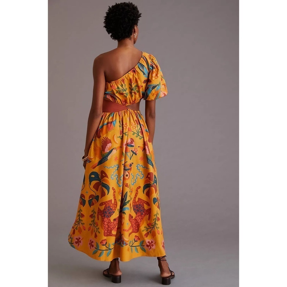 NWT Anthropologie Farm Rio Birds Leopard Floral One-Shoulder Maxi Cut Our Dress  - Picture 11 of 11